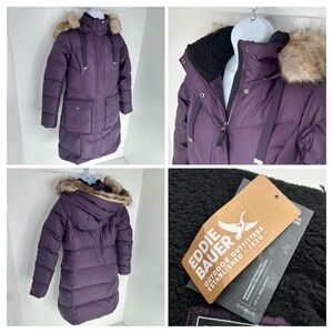Eddie Bauer NWT Lodge‎ Cascadian Down Parka Size PXS Eggplant 650 Fill Hooded